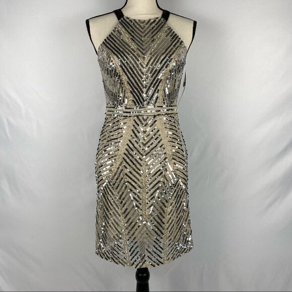 NWT Aidan Mattox Champagne Beaded Cocktail Dress Size Small - Picture 7 of 8